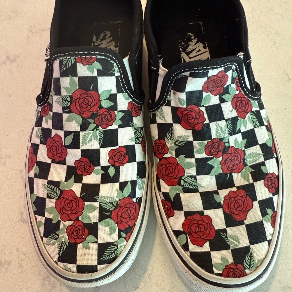 Vans Women’s Rose Checkerboard Slip-On Sneakers - Black, White, Red